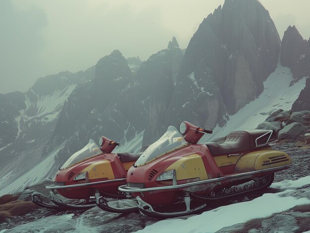 para zabytkowych śnieżnych pojazdów zimowych na górskim tle