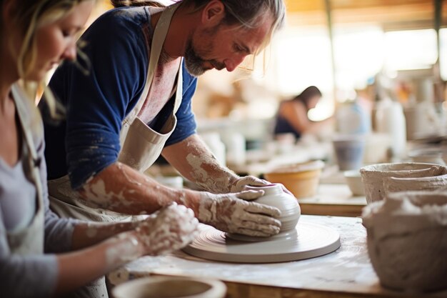 Para zajmująca się warsztatem ceramicznym, tworząc razem glinę Proces produkcji ceramiki