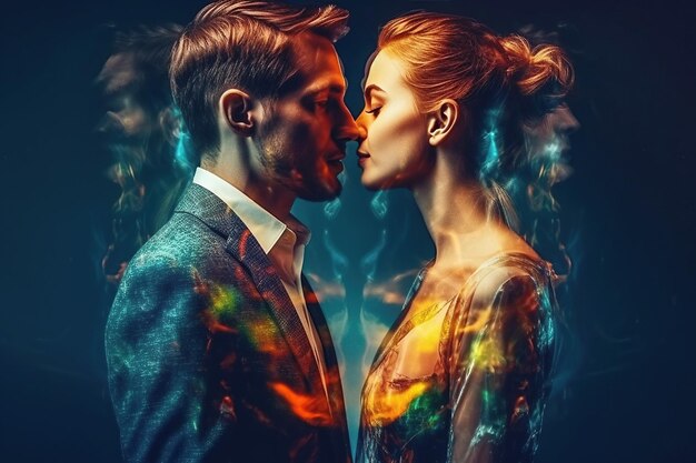 Para zakochanych całuje się Mężczyzna i kobieta obejmują się Plakat z podwójną ekspozycją Generatywna ilustracja AI