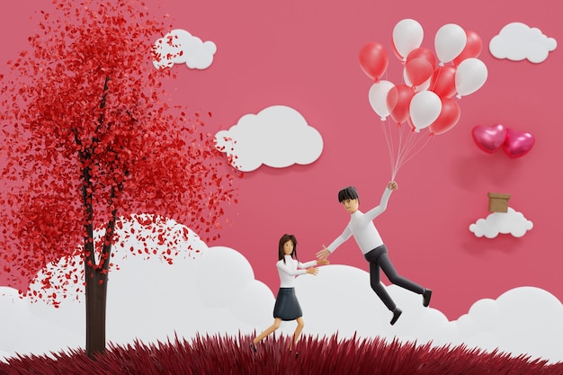 Para zakochuje się w balonach obchodów Walentynek postaci renderowania 3D