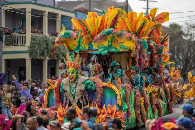 Parada Mardi gras z przepływającą platformą wypełnioną biesiadnikami i tancerzami stworzonymi za pomocą generatywnej sztucznej inteligencji