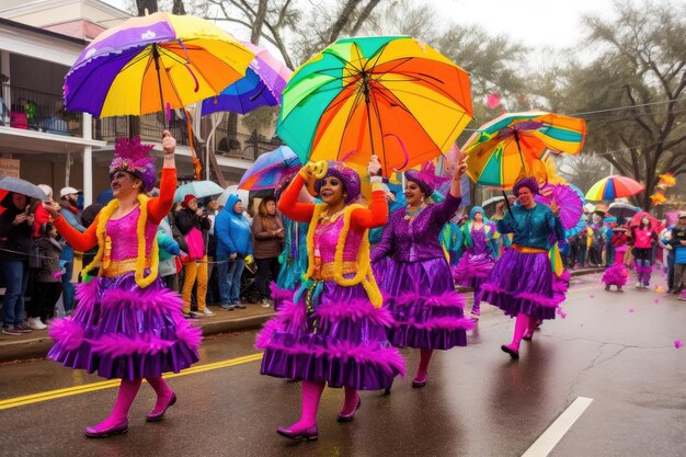 Parada Mardi gras z wirującymi parasolami i tańcem stworzona za pomocą generatywnej sztucznej inteligencji