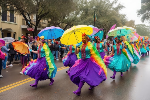 Parada Mardi gras z wirującymi parasolami i tańcem stworzona za pomocą generatywnej sztucznej inteligencji