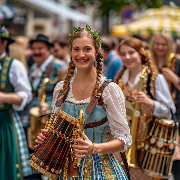 Parada tradycyjnych kostiumów w Monachium Grupa ludzi chodzących w kostiumach