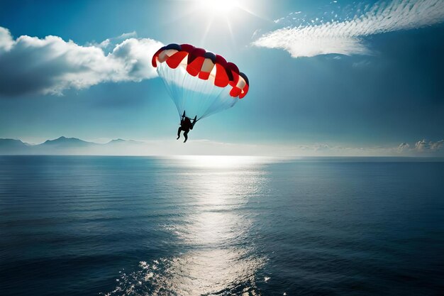 Paraglider lata nad oceanem, a słońce świeci na wodzie.