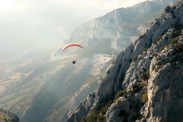 Zdjęcie paraglider latający między wysokimi górami