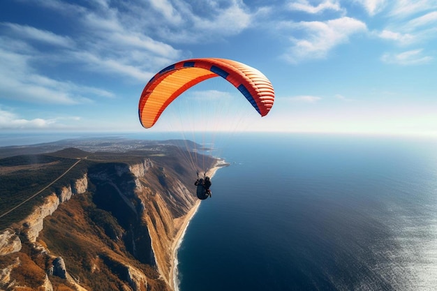 paraglider latający nad górą z niebieskim niebem i chmurami.