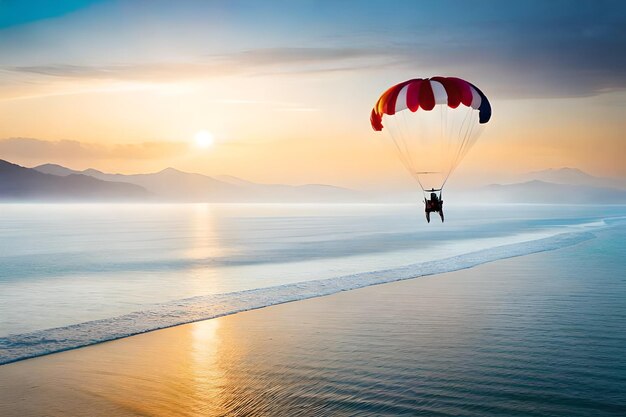 Zdjęcie paraglider latający nad oceanem z górami w tle.