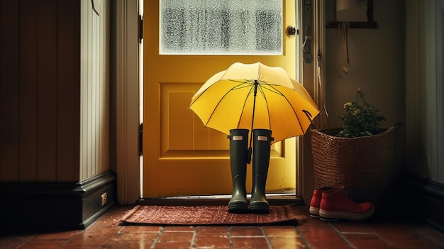 Parasol i kalosze przy drzwiach wygenerowane przez AI