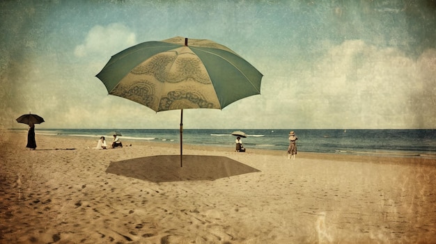 Parasol na gorącym piasku plaży Grungy karta z wakacyjną sceną parasola na linii brzegowej Generacyjna sztuczna inteligencja