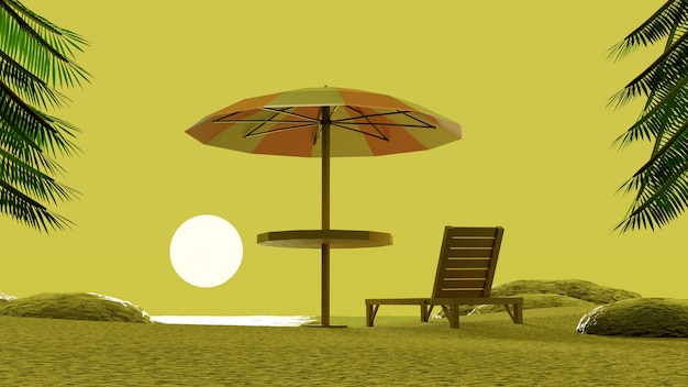 parasol plażowy, cieszący się zachód słońca żółtym niebem z palmami w renderowaniu 3d