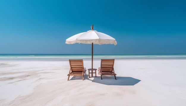 Parasol plażowy z krzesłami na piasku Koncepcja wakacji letnich z miejsca na kopię