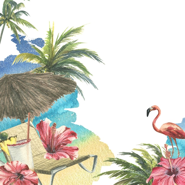 Parasol słoneczny z leżakiem kwiaty hibiskusa różowe flamingi i drzewa kokosowe na tle morza i nieba Akwarela ilustracja Kompozycja z kolekcji CUBA Do dekoracji i projektowania