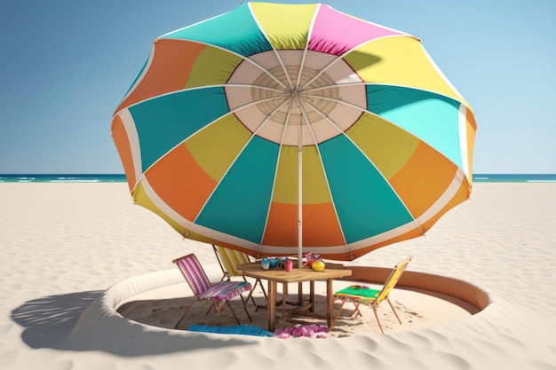 Parasol z nadmuchiwanym kółkiem na plaży AI Generationa