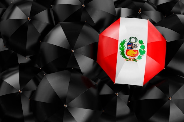 Parasol z peruwiańską flagą wśród czarnych parasoli renderowania 3D
