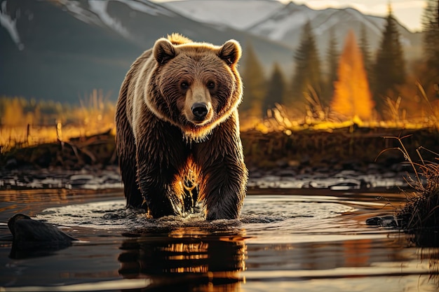 Pardo Bear obserwuje zmierzch o zmierzchu w leśnym generatywnym IA