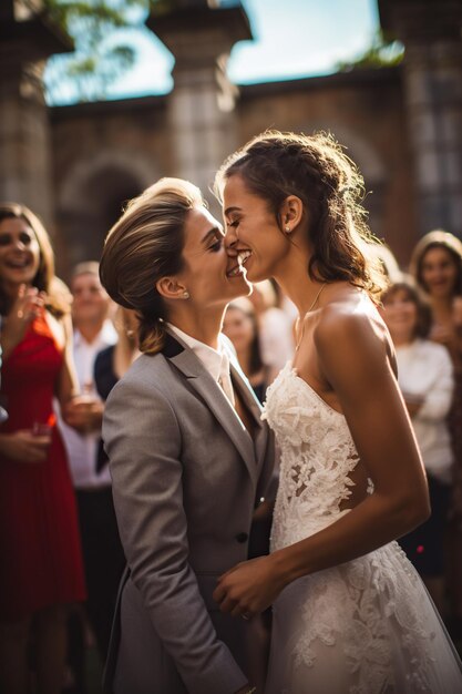 Pareja de chichas lesbianas LGTBY en el dia de su boda