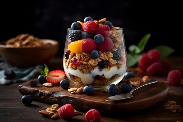 Parfait ze świeżego jogurtu granola z pokrojonymi orzechami, świeża truskawka, malina, jagoda i owoce mango w szklanym słoju na ciemnym tle Generative AI