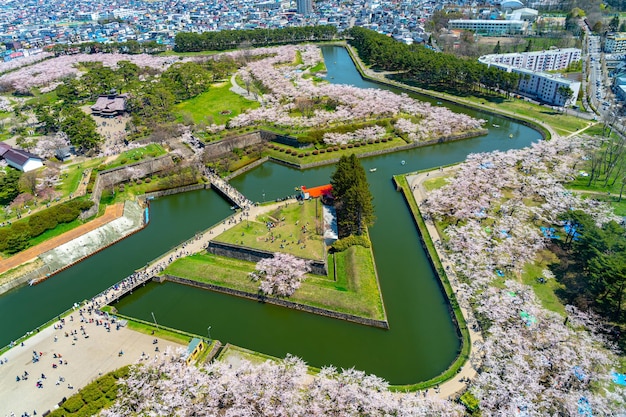 Park Goryokaku w wiosennym sezonie kwitnienia wiśni. Widok z lotu ptaka Hakodate Hokkaido Japonia