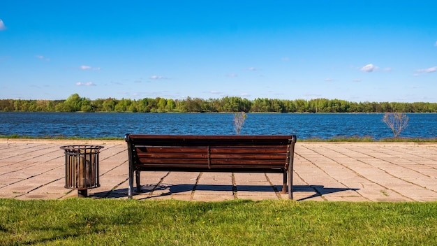 Park miejski Pusta ławka z widokiem na powierzchnię wody Widok z tyłu