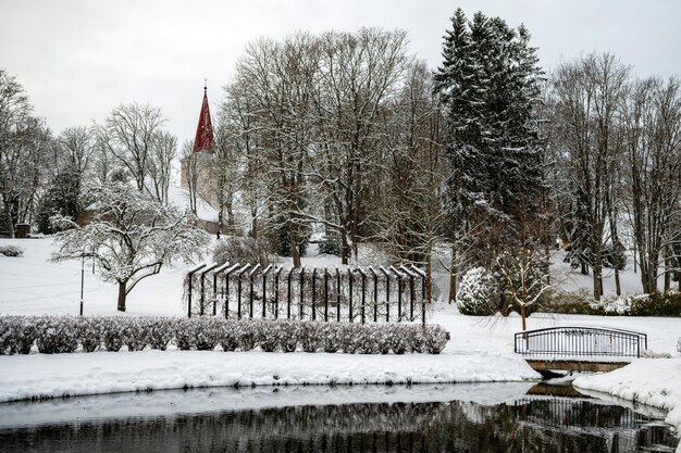 Park miejski z mostem stawowym i kościołem w tle w śnieżny zimowy dzień Kandava