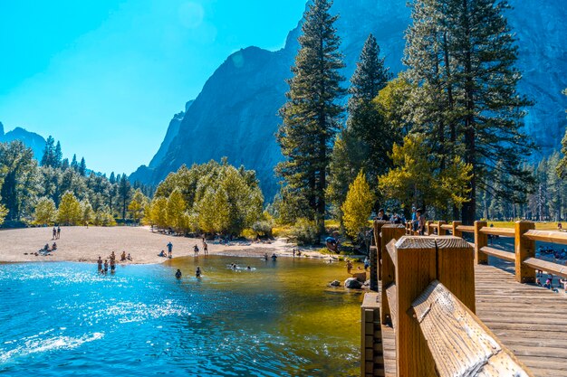 Park Narodowy Yosemite, Kalifornia Stany Zjednoczone. Młody mężczyzna rzucający się na łeb na szyję do wody przy Moście Swinging w dolinie Yosemite