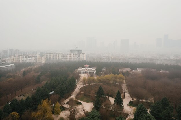 Park otoczony smogiem i mgłą z widokiem na pobliskie miasto