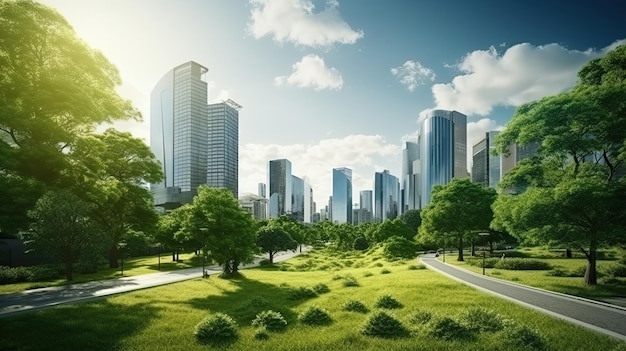 Park publiczny i wysokie budynki pejzaż miejski Zielone środowisko miasta Koncepcja Światowego Dnia Środowiska