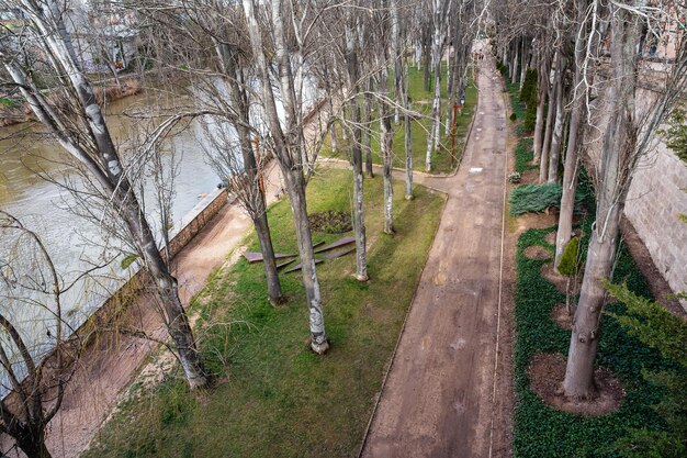 Zdjęcie park publiczny z wysokimi drzewami na brzegu rzeki douro przechodzącej przez miasto aranda