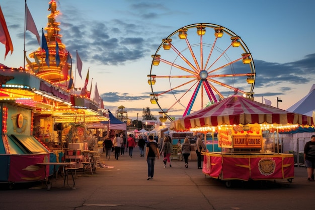 Park rozrywki nocą z kolorowym diabelskim młynem i ludźmi Jarmark stanowy Karnawał Midway Games Przejażdżki Diabelskim młynem AI Wygenerowano