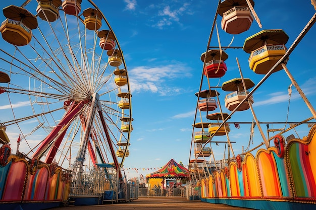 Park rozrywki z kolorowym kołem olbrzymim i wycieczkami na targach State Fair Carnival Midway Games Rides Ferris Wheel AI Generated