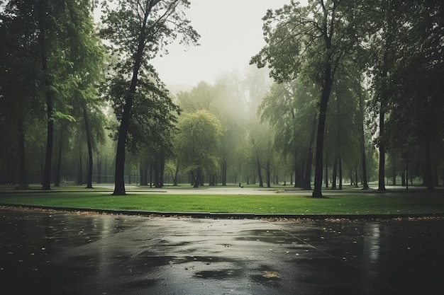 Zdjęcie park w deszczowej dzielnicy miejskiej z ścieżkami i płotem