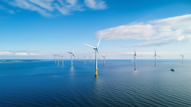 Park wiatraków przybrzeżnych z chmurami i niebieskim niebem, widok lotniczy w oceanie z turbiną wiatrową Koncepcja zielonej energii