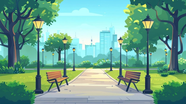 Park z ławkami letni krajobraz miejski ogród z lampami ulicznymi na ścieżce pusta przestrzeń publiczna z zielonymi drzewami nowoczesna ilustracja kreskówka