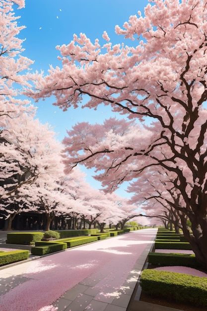 Park z różowymi drzewami i różowymi liśćmi na ziemi