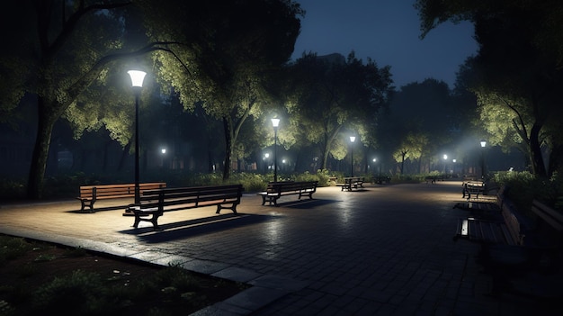 Park ze światłami i ławkami w ciemności