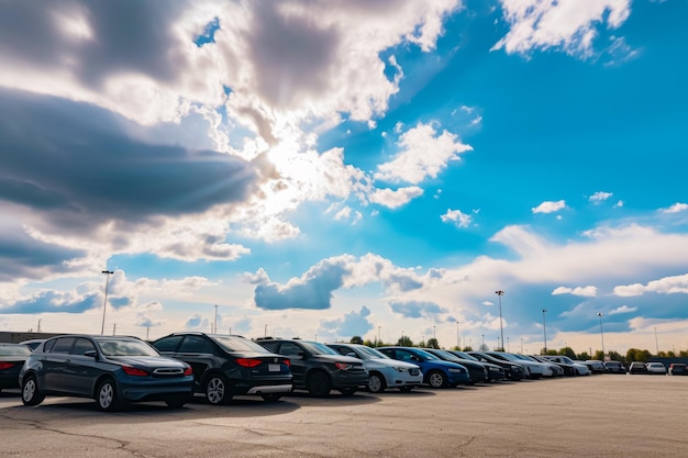 Parking pełen zaparkowanych samochodów pod pochmurnym błękitnym niebem z chmurami Generative AI