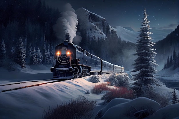 Parowa lokomotywa w śnieżnym lesie przy nightgenerative ai
