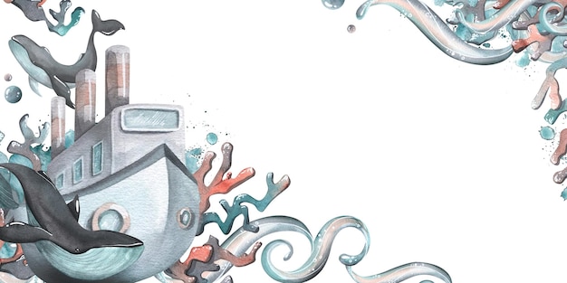 Parowiec z wielorybami korale i plamami wody Akwarela ilustracja Szablon z kolekcji WIELORYBY Do projektowania i dekoracji odbitek naklejek plakatów kartek pocztówek