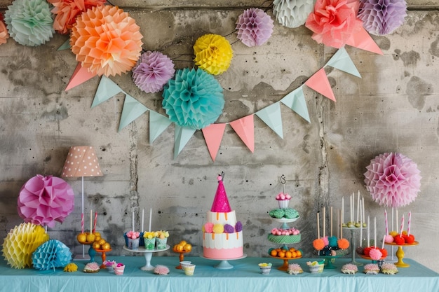 Zdjęcie party bliss obraz zawiera radosną atmosferę uroczystości z dekoracjami imprezy urodzinowej prezentującymi wesołe kapelusze imprezowe banery i kapryśne pompony