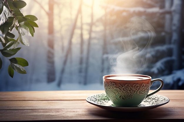Parująca filiżanka herbaty ziołowej w przytulny zimowy poranek