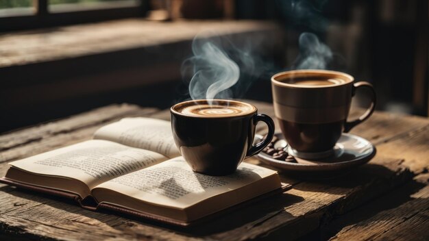 parująca filiżanka kawy umieszczona na rustykalnym drewnianym stole z książką i okularami do czytania