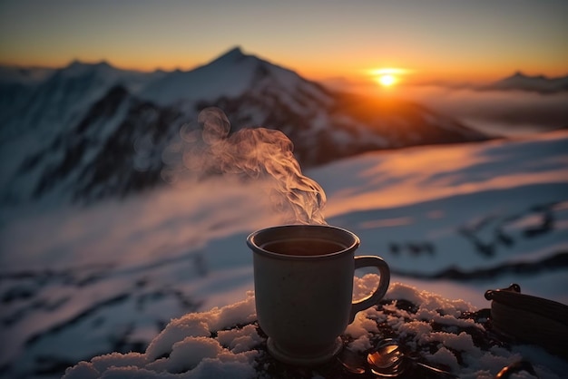 Parująca gorąca kawa na szczycie ośnieżonej góry