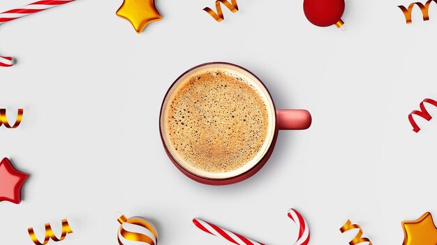 Parująca świąteczna filiżanka kawy pianka na białym tle złote ozdoby cukierkowa laska projekt banera strony internetowej Kubek gorącej czekolady Reklama w mediach społecznościowych kreatywna treść Cappuccino Kakao Latte sprzedaż