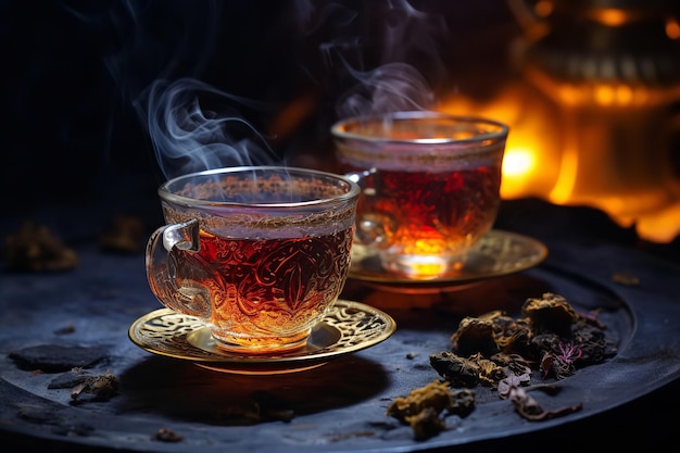 Parująca turecka herbata w tradycyjnych szklanych filiżankach