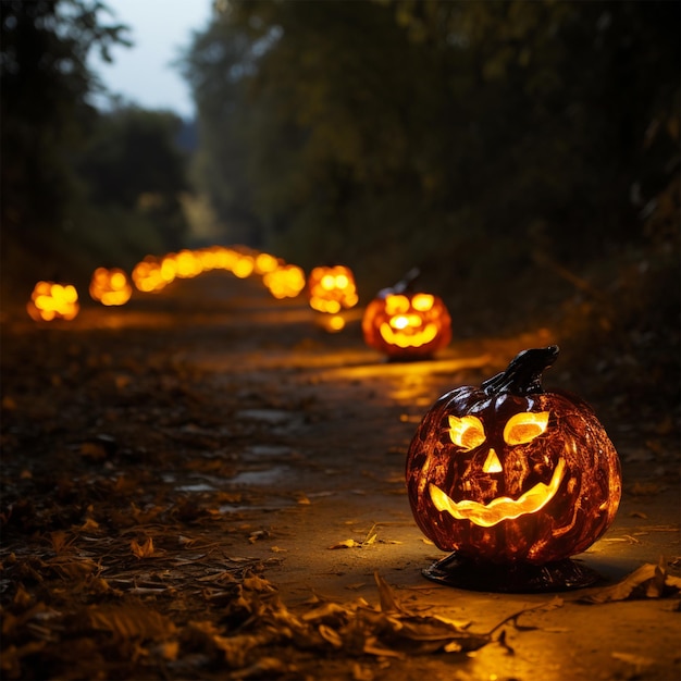 Zdjęcie parujące dynie halloweenowe w jesiennym lesie w jesienny dzień, wielki, straszny symbol halloween