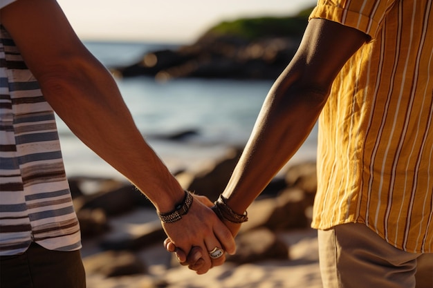Zdjęcie pary gejów objąły się rękami na słonecznej plaży.
