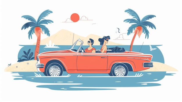 Zdjęcie pary jeżdżące po letnich plażach w płaskim stylu minimalistycznej nowoczesnej ilustracji