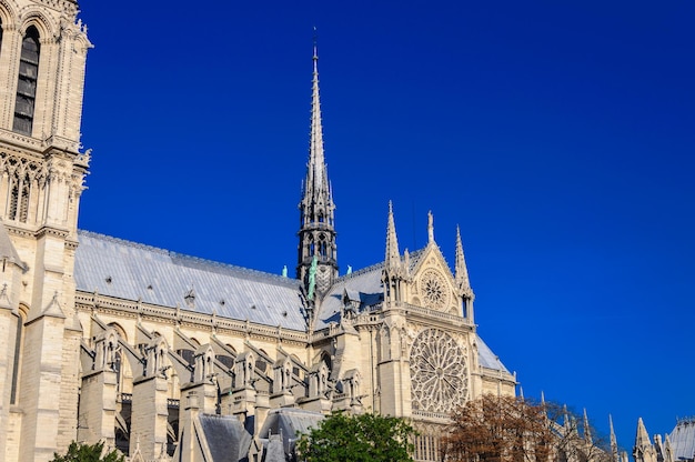 PARYŻ FRANCJA 15 KWIETNIA 2019 Katedra Notre Dame de Paris Francja Architektura gotycka