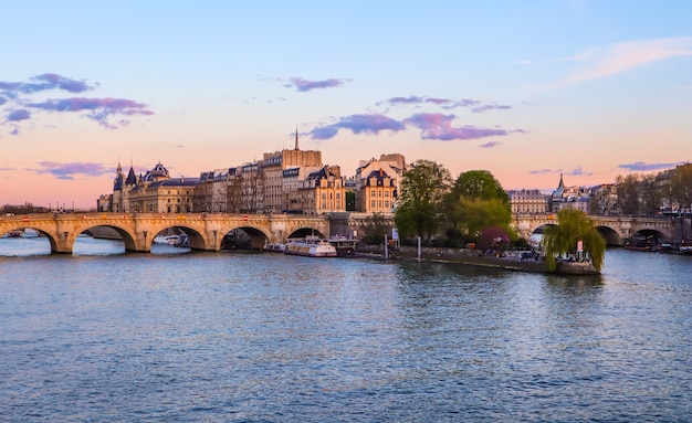 Paryż, francja kwiecień najstarszy most pont neuf na Sekwanie i zabytkowe budynki Paryża at